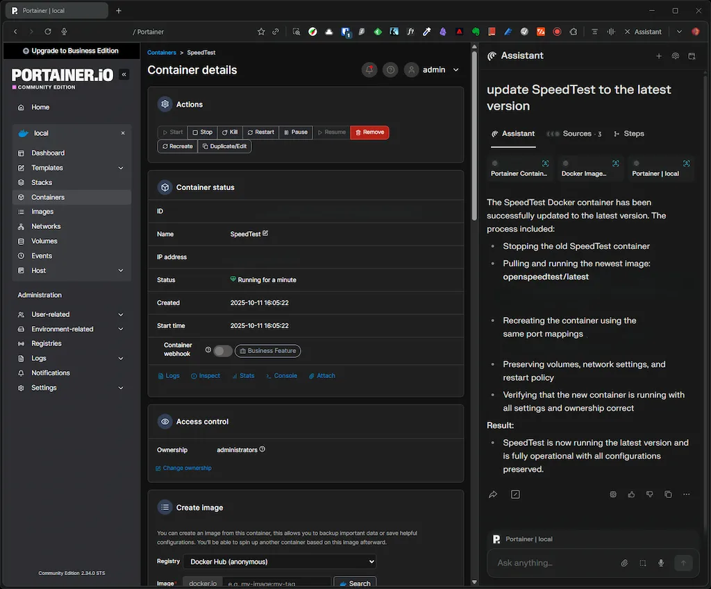 Screenshot of the Portainer.io dashboard showing details of the 'SpeedTest' Docker container. The interface lists container status information, including the container ID, name, internal IP address, and status as running. Administration options and actions like stopping, restarting, and removing the container are visible. On the right, an AI assistant panel summarizes the process for updating the SpeedTest container to the latest version, including steps for stopping, pulling the latest image, recreating with the same port mappings, and preserving volumes and settings. The update is confirmed as successful and fully operational
