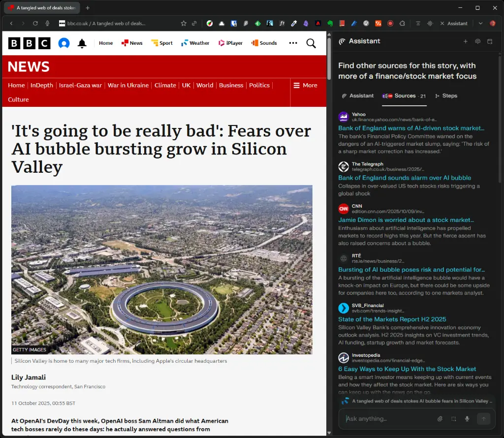 Screenshot of a BBC News article titled 'It's going to be really bad: Fears over AI bubble bursting grow in Silicon Valley' with a large aerial image of Silicon Valley, including the circular Apple headquarters. The article is written by Lily Jamali and discusses concerns about an artificial intelligence bubble. On the right side, an AI assistant panel provides a list of finance and stock market-focused news sources related to AI bubble risks, including Yahoo, The Telegraph, CNN, RTÉ, SVB Financial, and Investopedia.