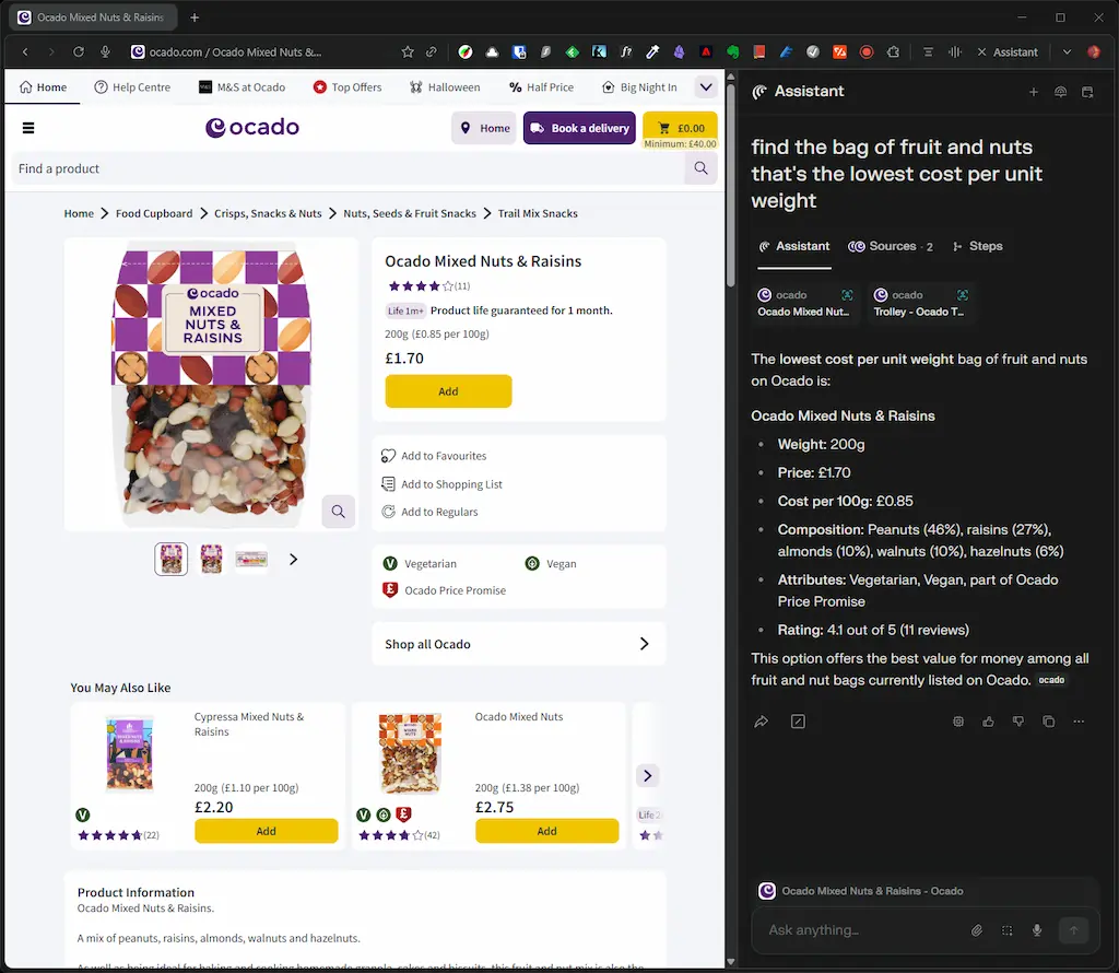 Screenshot of the Ocado website product page for 'Ocado Mixed Nuts & Raisins,' showing a 200g bag priced at £1.70 (£0.85 per 100g). The product details, price, and weight are clearly displayed, as well as additional information such as vegetarian and vegan attributes and user ratings. On the right, an AI assistant panel summarizes this item as the lowest cost per unit weight fruit and nut bag available on Ocado, with a detailed breakdown of composition and attributes