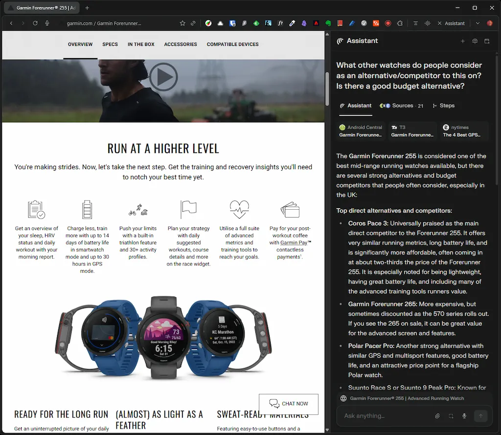 Screenshot of a Garmin Forerunner 255 product page on a website, showing a blurred person in a video banner at the top, several feature icons and descriptions below the heading 'Run At A Higher Level,' and three Garmin Forerunner watches displayed at the bottom. On the right side, there is an AI assistant panel listing alternative running watches to the Forerunner 255, including Coros Pace 3, Garmin Forerunner 265, Polar Pacer Pro, and Suunto Race S/9 Peak Pro.