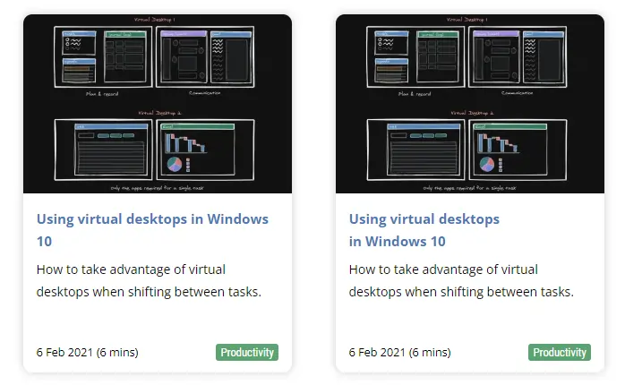 A screenshot of 2 identical html cards, both include an image, a title, and a short description. In the card on the left the title is on 2 lines, but the second line only includes the word '10', in the second card, the title is also on 2 lines, but the second line includes the words in 'Windows 10'.