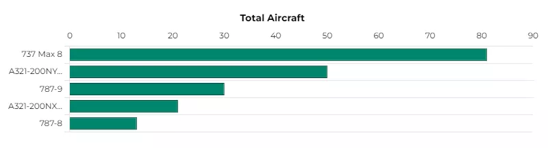 A screenshot showing a horizontal bar chart, each bar represents the total count of aircraft of a specific type. Unlike the previous image, there are no categories in this chart, i.e. it only includes aircraft with a status of on order.