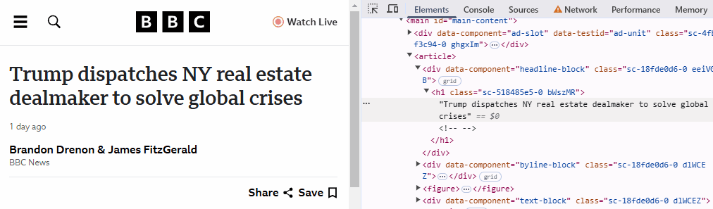 An animation showing the dev tools being used to manually change the text of a live BBC article title. The user is swapping the word “Trump” with the word “moron”. Clearly the author of this blog post believes (correctly so) that Trump is a moron.