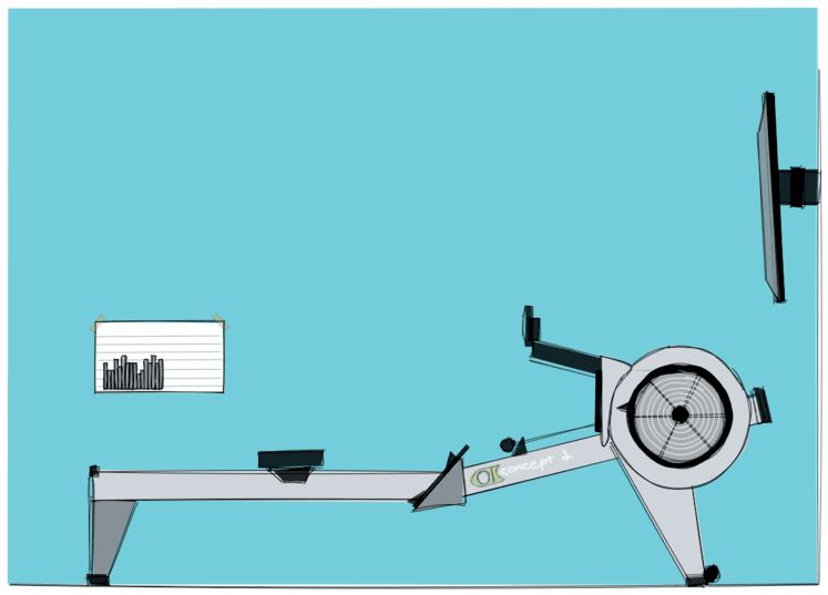 A sketch style image showing a rowing maching in front of a wall mounted TV, and a paper chart taped to the wall behind, the chart is used to manually track progress.