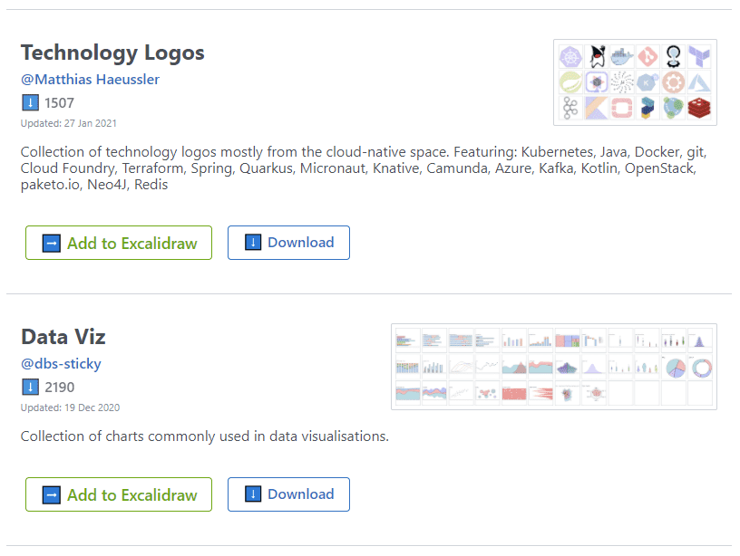 A screenshot taken from the Excalidraw library page showing libraries for Tech logos, and Data viz elements.