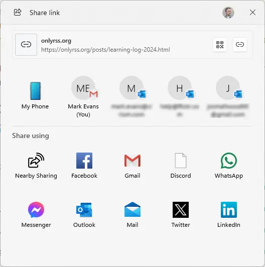 A screenshot of a modal dialog showing icons for a variety of email clients and social networks