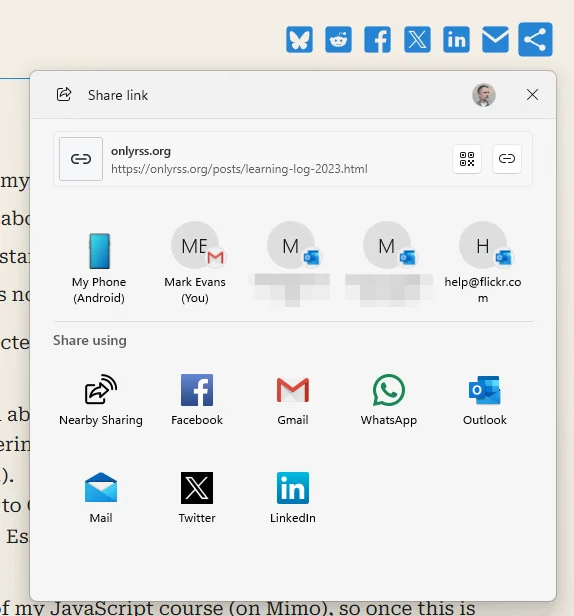 A screenshot of the native sharing menu on Windows, showing options to share to email, facebook etc.