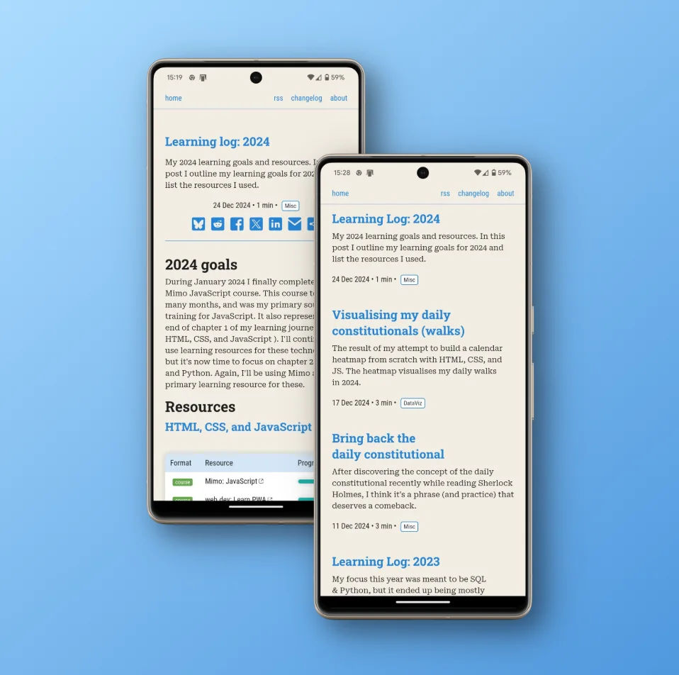 A mockup of 2 mobile phones, each of which are showing a page from the onlyRSS blog. The blog page contents take up the whole screen of the phone.