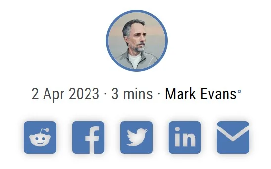 A screenshot of an article byline showing small, blue, square iocns for Reddit, Facebook, Twitter, LinkedIn, and Email.