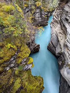 A photograph taken looking along a deep gully. The water in the gully is deep-blue in colour. The rock on the left-side of the gully is covered in moss, short grasses, and a few small trees. The right-side of the gully is exposed rock.
