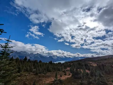 A photograph taken from a hiking trail, with grass and pine trees in the foreground, a distant lake can be seen, as well as snow-capped mountains in the background.