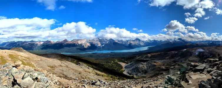 A panoramic photograph taken from a hiking trail, with grass and pine trees in the foreground, a distant lake can be seen, as well as snow-capped mountains in the background.