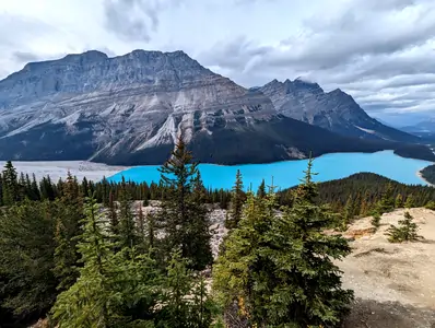 A photograph with pine trees in the foreground, a large deep-blue coloured lake in the middle ground, and high mountains in the background.