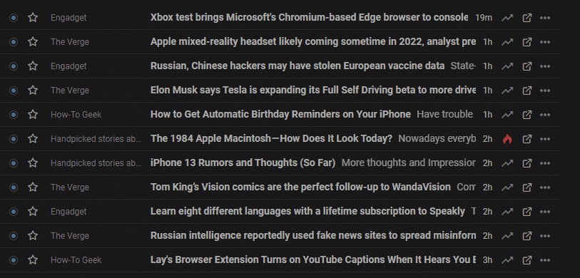 A screenshot of the list veiw in Feedly showing various articles from multiple news sites alongside one another.