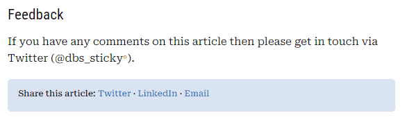 A screenshot showing 3 links at the bottom of an article, for sharing to Twitter, LinkedIn, and Email
