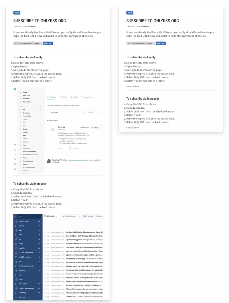 A side-by-side comparision of 2 versions of the same page. In the first version, 2 large images are clearly visible, and the page is very long. In the second version no images are visible, and the page is compact.