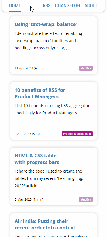 An animated GIF showing a user selecting various pages from a mobile blog's top navigation menu. When the new page loads, the previous page fades away, and the new page fades into view.