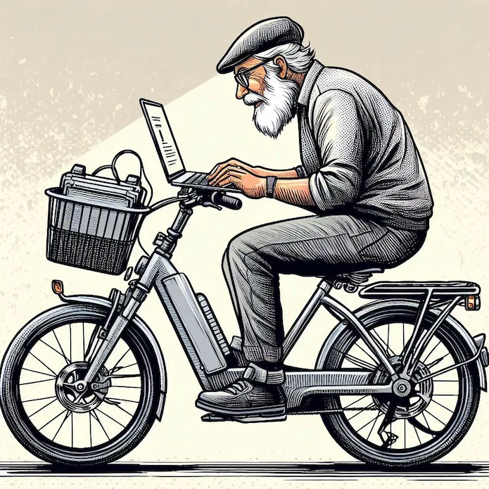 A sketch of an old-man cycling on an electric bike while also using a laptop